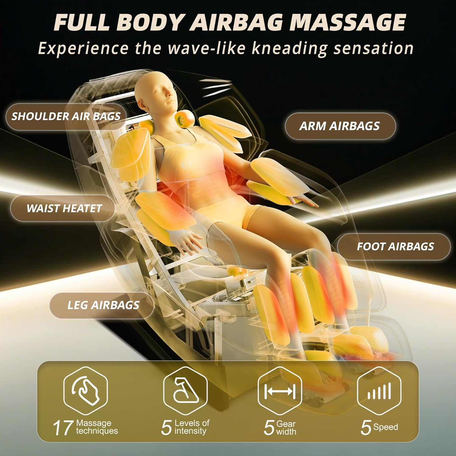 HealthRelife Business Class Massage Chair, Full Body Massage with Body Scan, Shiatsu, Automatic Calf Support Extension and Calf Kneading Massage (Beige-Gold))